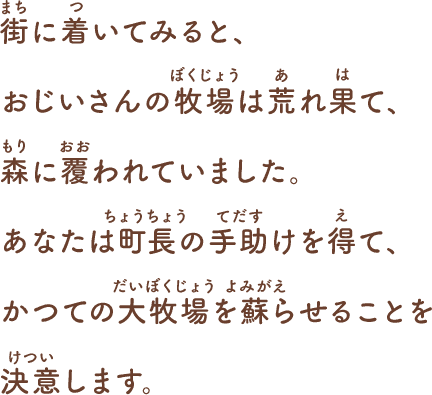 街に着いてみると、
おじいさんの牧場は荒れ果て、
森に覆われていました。
あなたは町長の手助けを得て、
かつての大牧場を蘇らせることを
決意します。