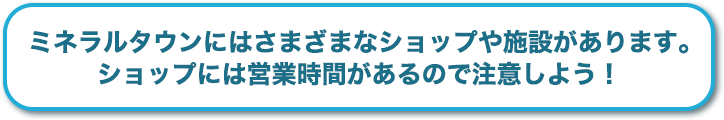 ミネラルタウンにはさまざまなショップや施設があります。ショップには営業時間があるので注意しましょう！