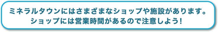 ミネラルタウンにはさまざまなショップや施設があります。ショップには営業時間があるので注意しましょう！