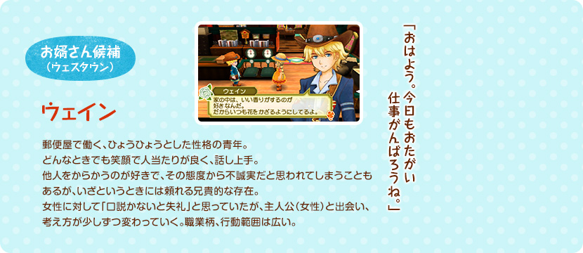 お婿さん候補（ウェスタウン） / 郵便屋で働く、ひょうひょうとした性格の青年。どんなときでも笑顔で人当たりが良く、話し上手。他人をからかうのが好きで、その態度から不誠実だと思われてしまうこともあるが、いざというときには頼れる兄貴的な存在。女性に対して「口説かないと失礼」と思っていたが、主人公（女性）と出会い、考え方が少しずつ変わっていく。職業柄、行動範囲は広い。