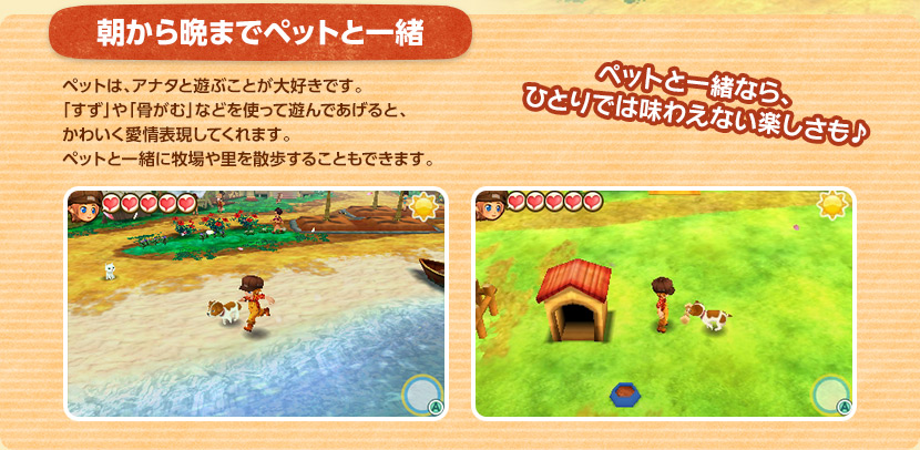 朝から晩までペットと一緒 / ペットは、アナタと遊ぶことが大好きです。「すず」や「骨がむ」などを使って遊んであげると、かわいく愛情表現してくれます。ペットと一緒に牧場や里を散歩することもできます。