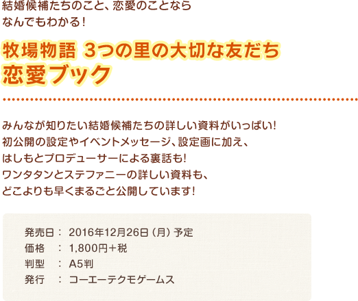 みんなが知りたい結婚候補たちの詳しい資料がいっぱい！初公開の設定やイベントメッセージ、設定画に加え、はしもとプロデューサーによる裏話も！ワンタタンとステファニーの詳しい資料も、どこよりも早くまるごと公開しています！