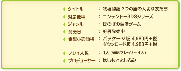 タイトル：牧場物語 3つの里の大切な友だち / 対応機種：ニンテンドー3DSシリーズ / ジャンル：ほのぼの生活ゲーム /  発売日：好評発売中 / 価格：パッケージ版 4,980円＋税、ダウンロード版 4,980円＋税 / プレイ人数：1人（通信プレイ2～4人） / プロデューサー：はしもとよしふみ